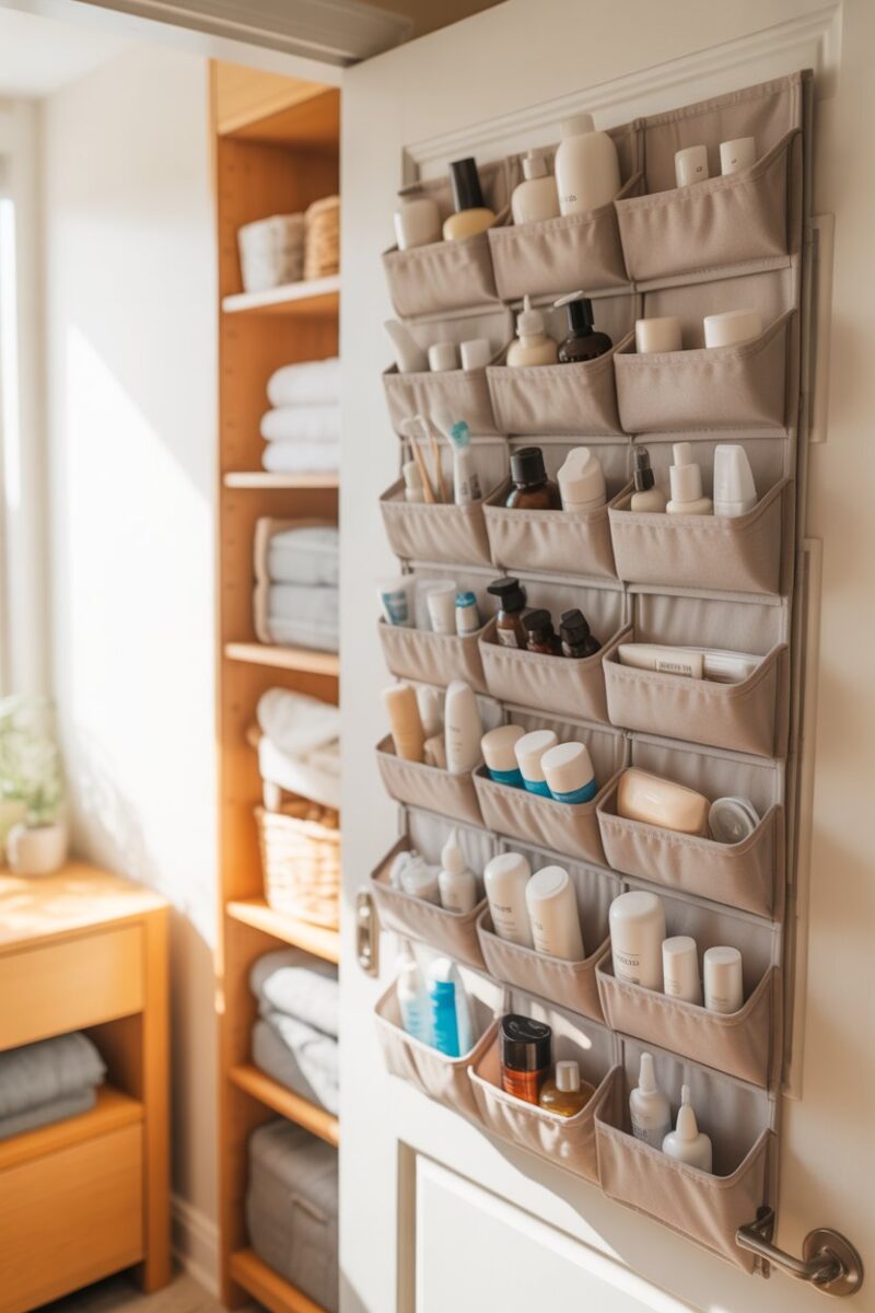 A door-mounted organizer filled with various toiletries and personal care items.