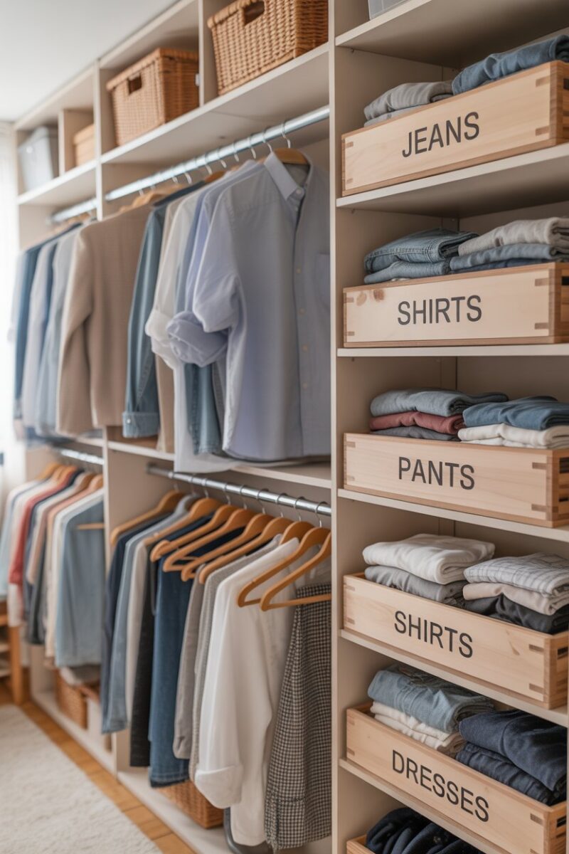 A dorm closet organized with DIY wooden dividers labeled for different clothing types.
