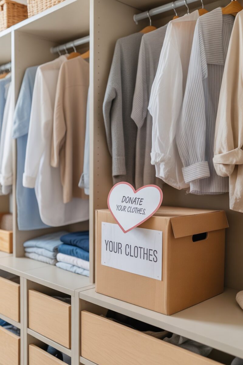 A dorm closet with a donation box labeled 'Your Clothes' and a heart-shaped sign that says 'Donate your clothes'.