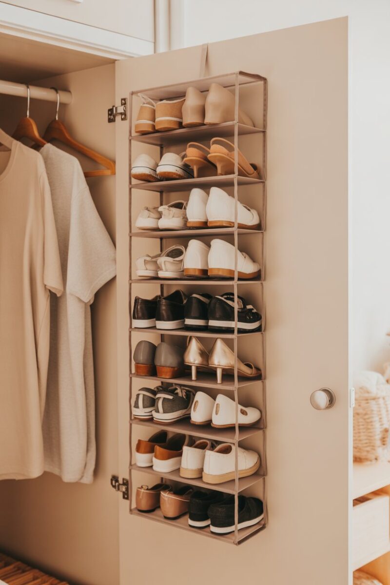 A hanging shoe organizer filled with various shoes, hanging on a closet door.