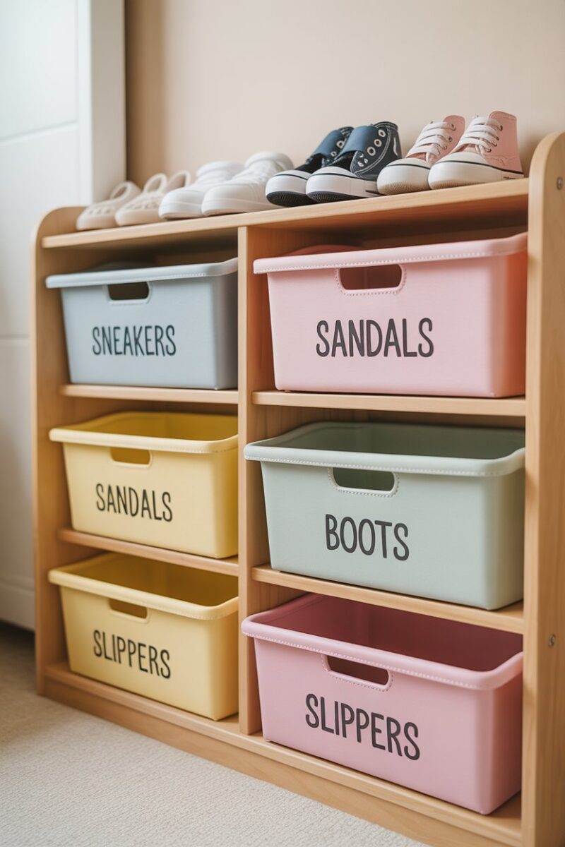 Shoe storage unit with labeled bins for kids' shoes.