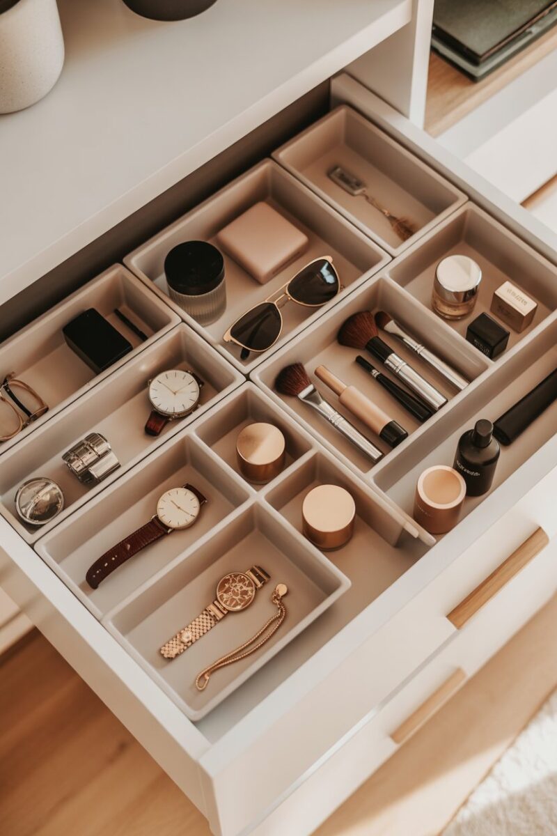 A neatly organized drawer with various compartments holding accessories and cosmetics.