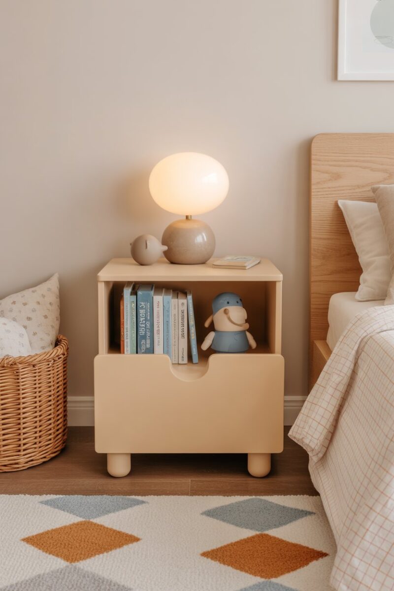A nightstand with hidden storage in a child's bedroom, featuring books and toys.