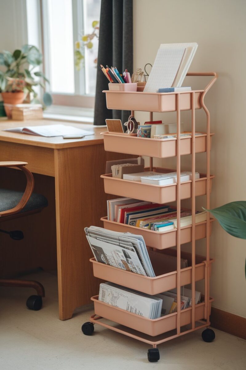 A 5-tier plastic storage cart with wheels, filled with stationery, notes, and documents, sits beside a wooden desk and chair in a room with a window, plant, and a magazine rack on the bottom tier.