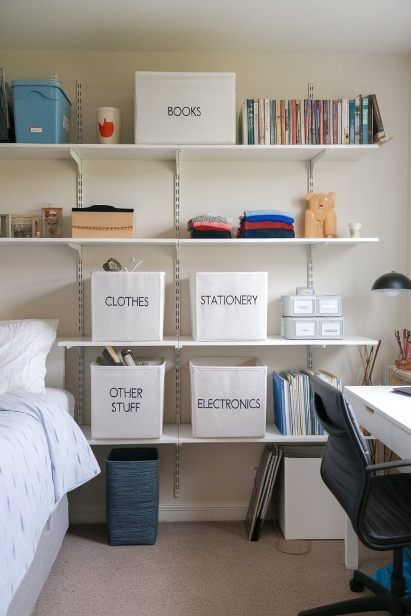 Organized bedroom shelves with labeled storage bins