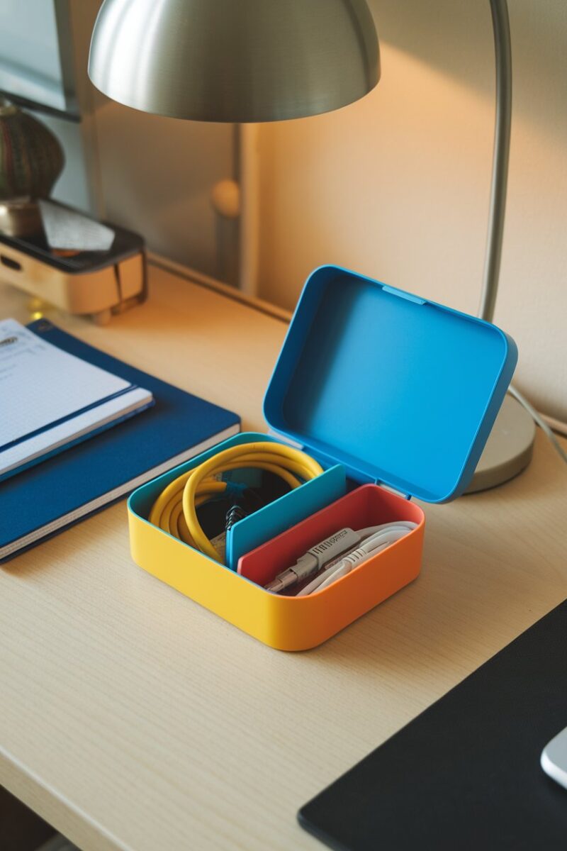A colorful hidden cable management box with cables inside, placed on a desk next to notebooks and a lamp.