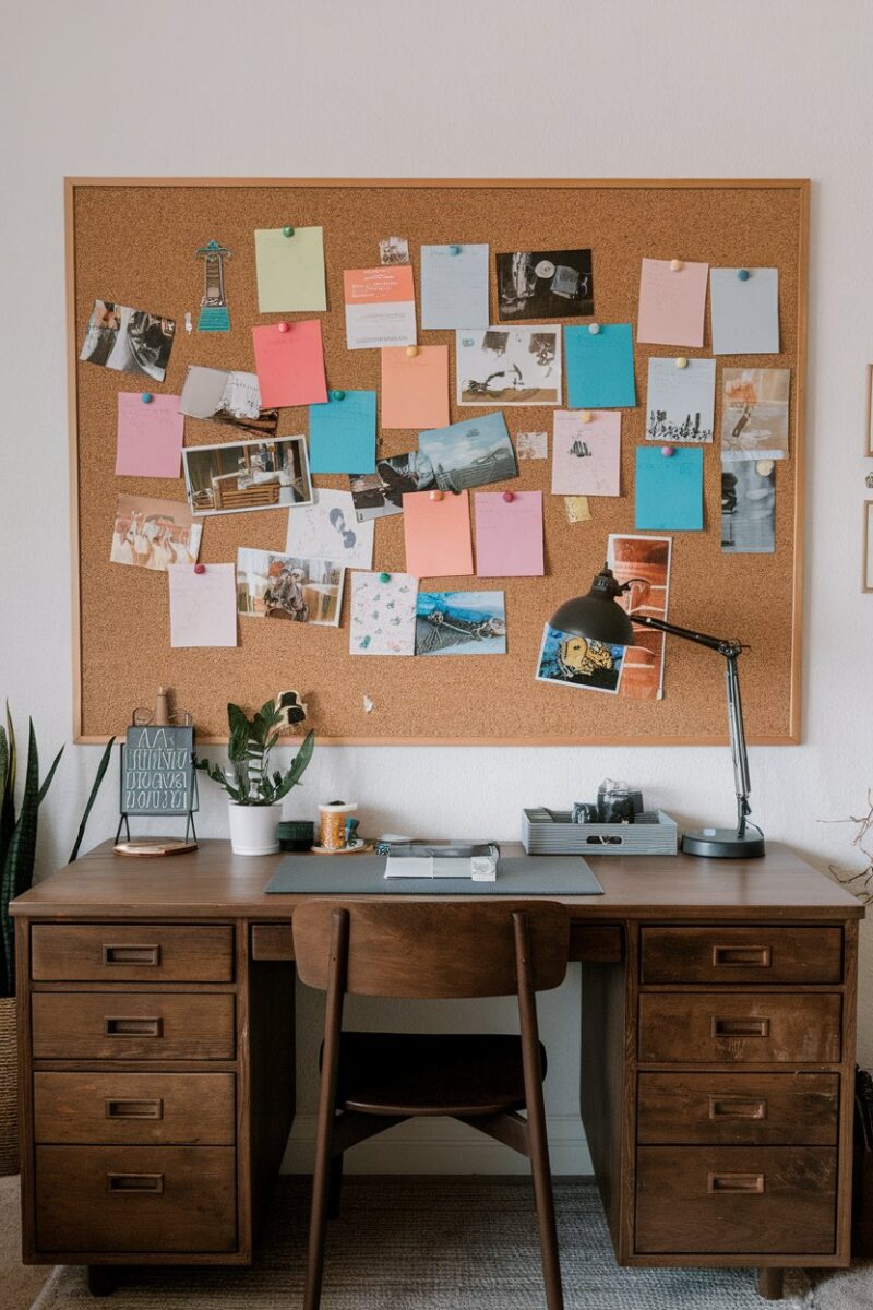 A cork bulletin board filled with colorful notes and photos.