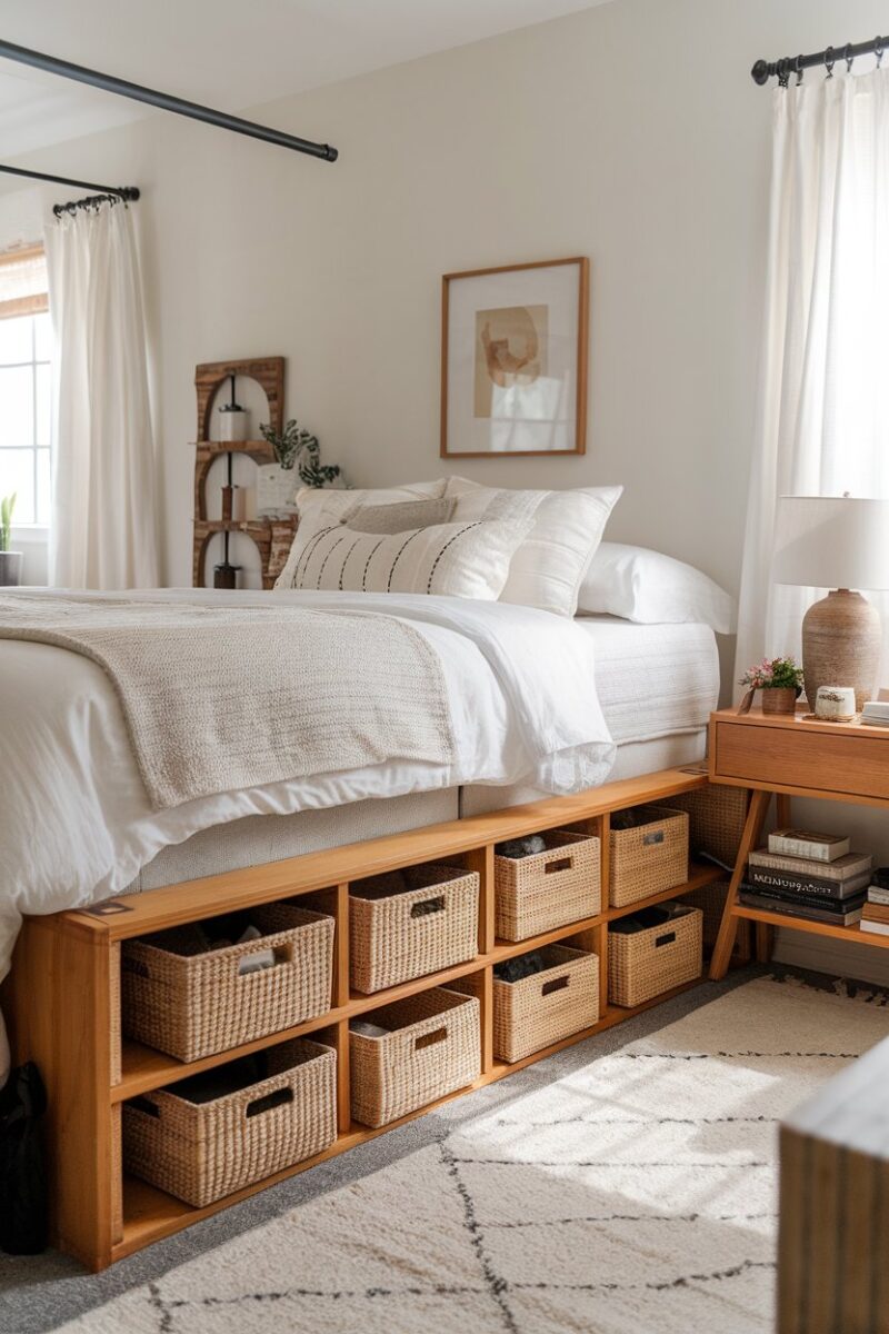 A cozy bedroom with a bed that has under-bed storage bins for organization.