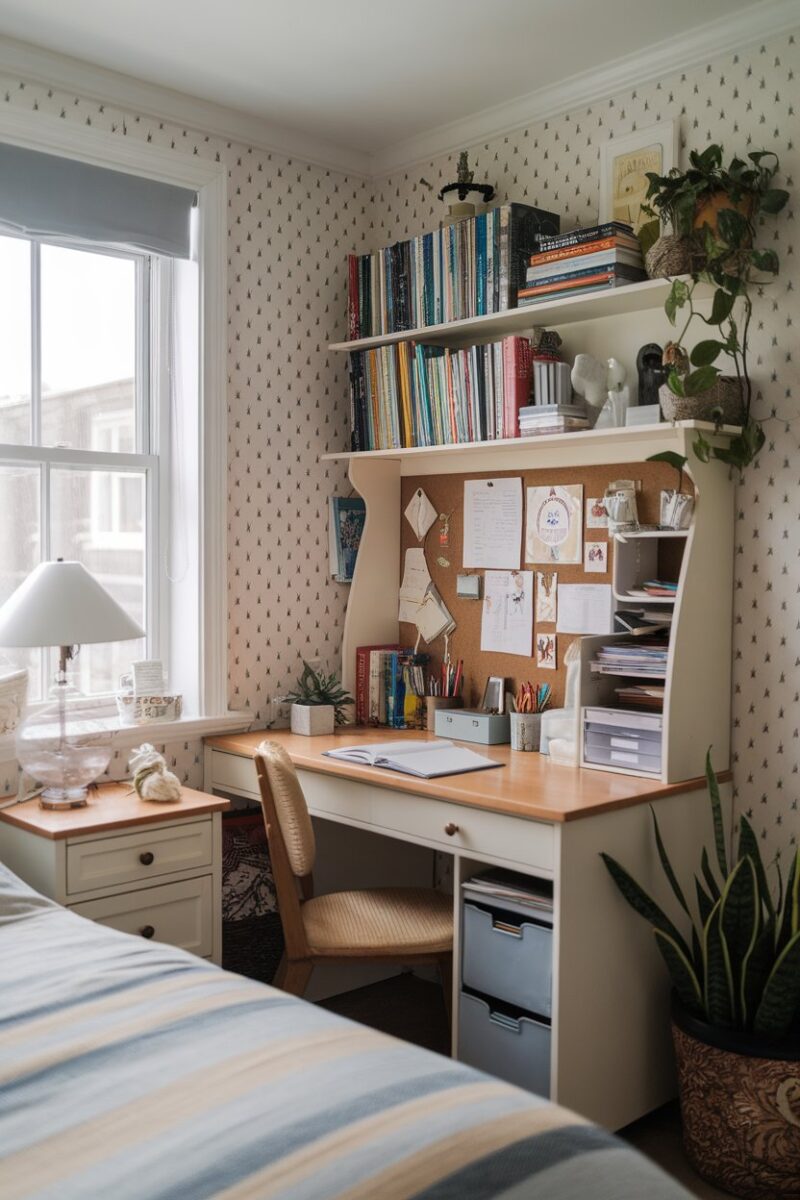A small desk organized with books, stationery, and a bulletin board in a cozy bedroom.