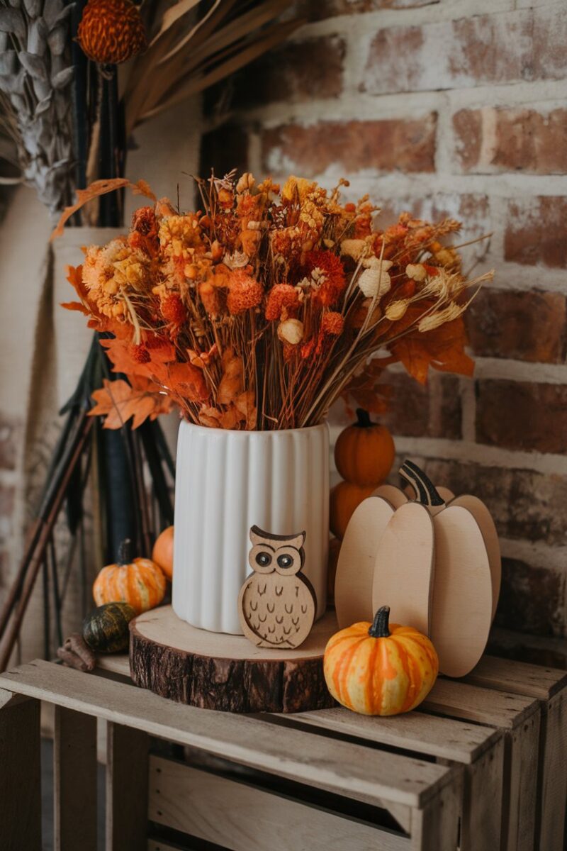 A cozy display of dried flowers and fall decor items.