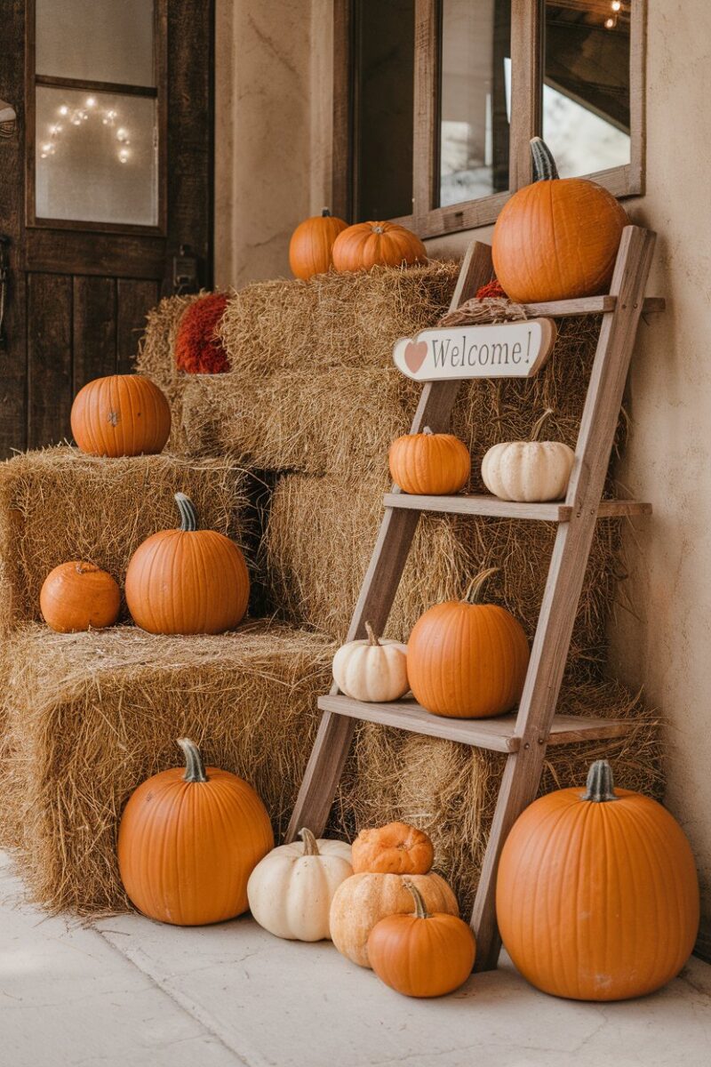 A cozy entryway decorated with pumpkins and hay bales, featuring a welcoming sign.