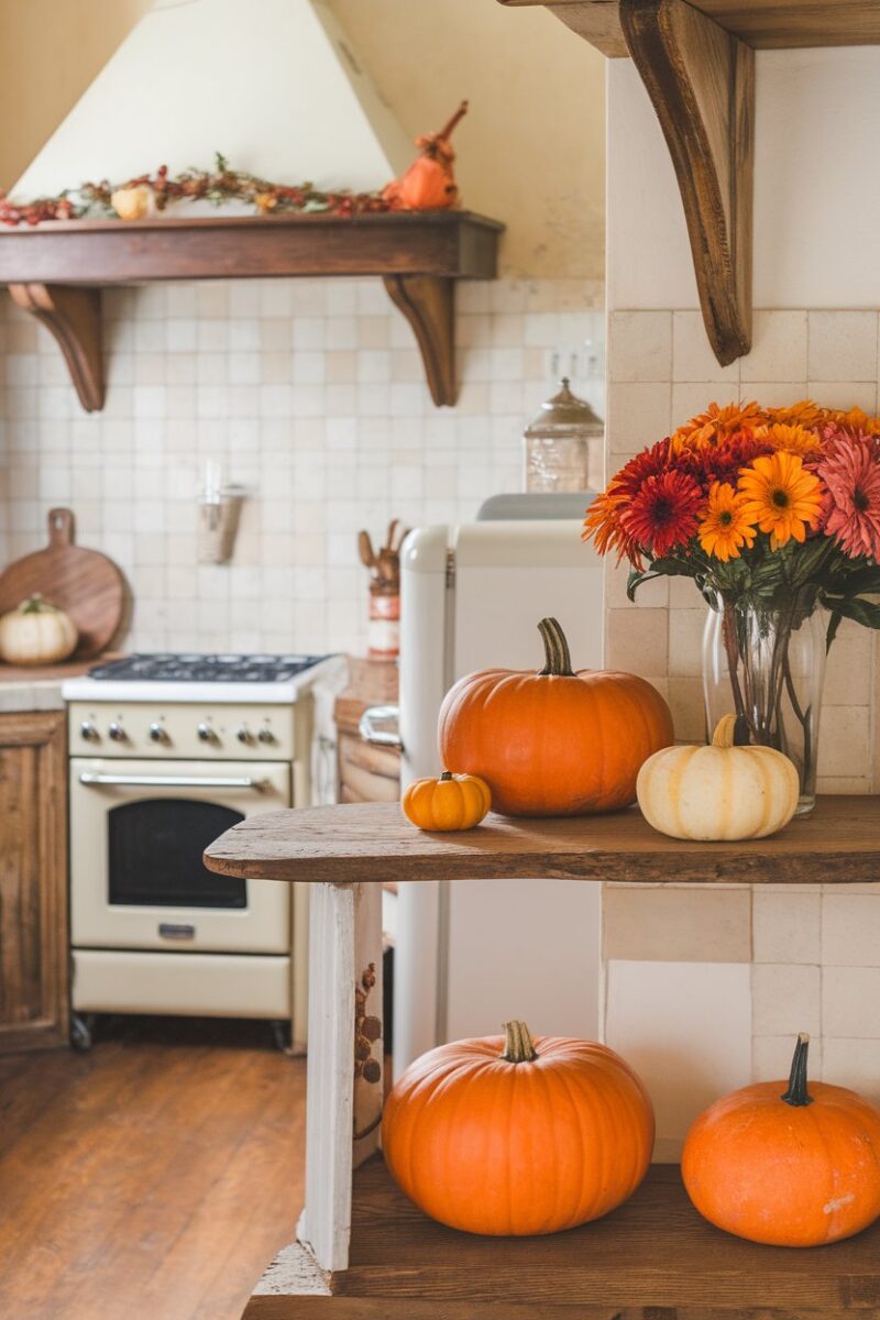 A cozy kitchen decorated for fall with pumpkins and autumn flowers.