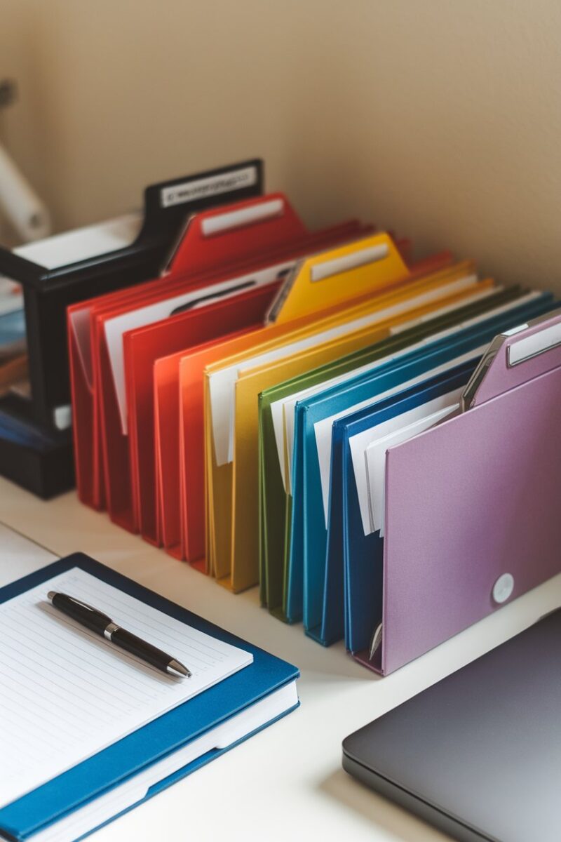 A collection of color-coded folders neatly organized on a desk.
