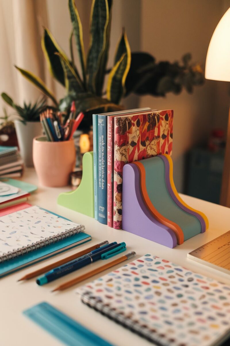 Colorful bookends holding books on a desk with stationery and notebooks.