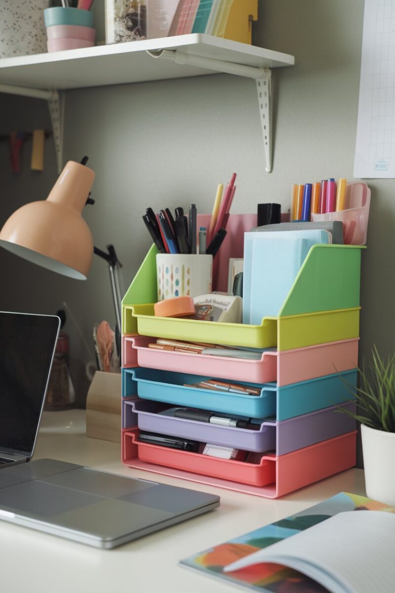 Colorful stackable storage boxes filled with stationery items on a desk.