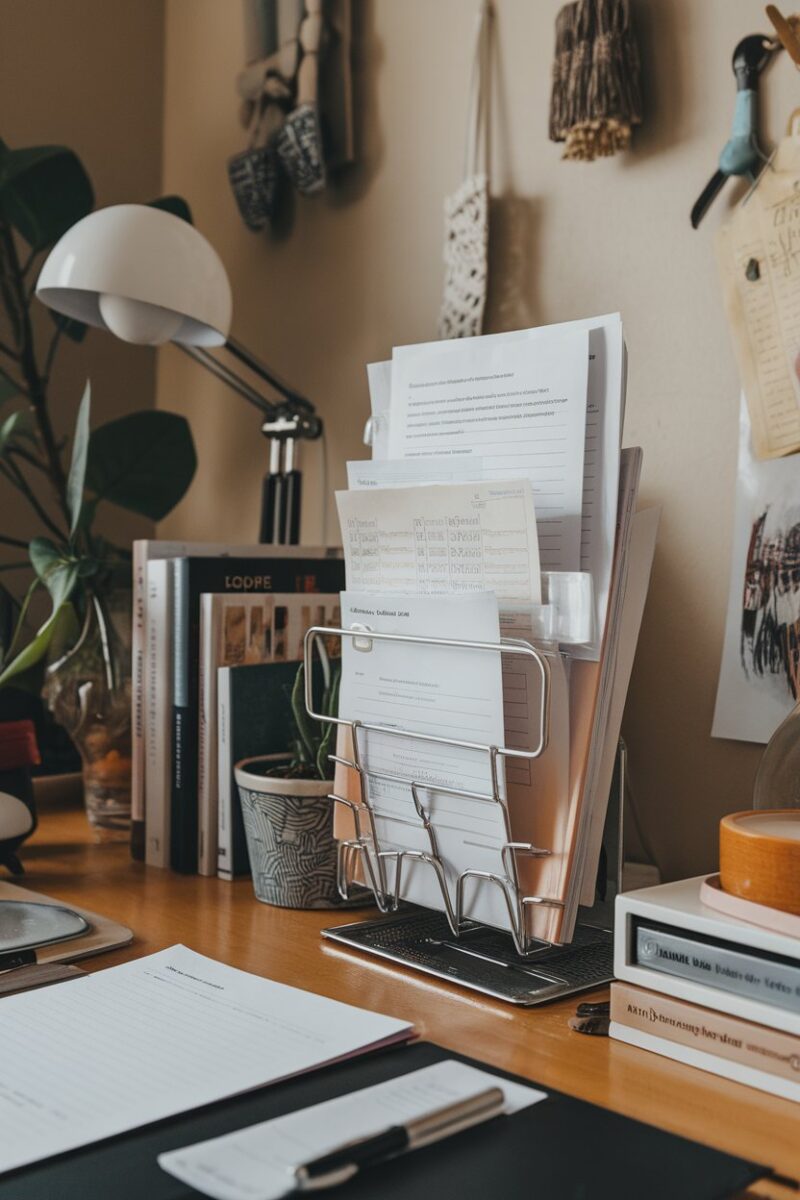 A desk with a magnetic document holder filled with papers and notes.