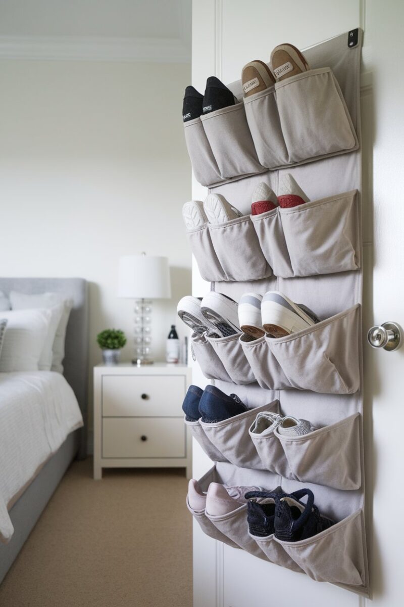 A hanging shoe organizer attached to a bedroom door, displaying various pairs of shoes.