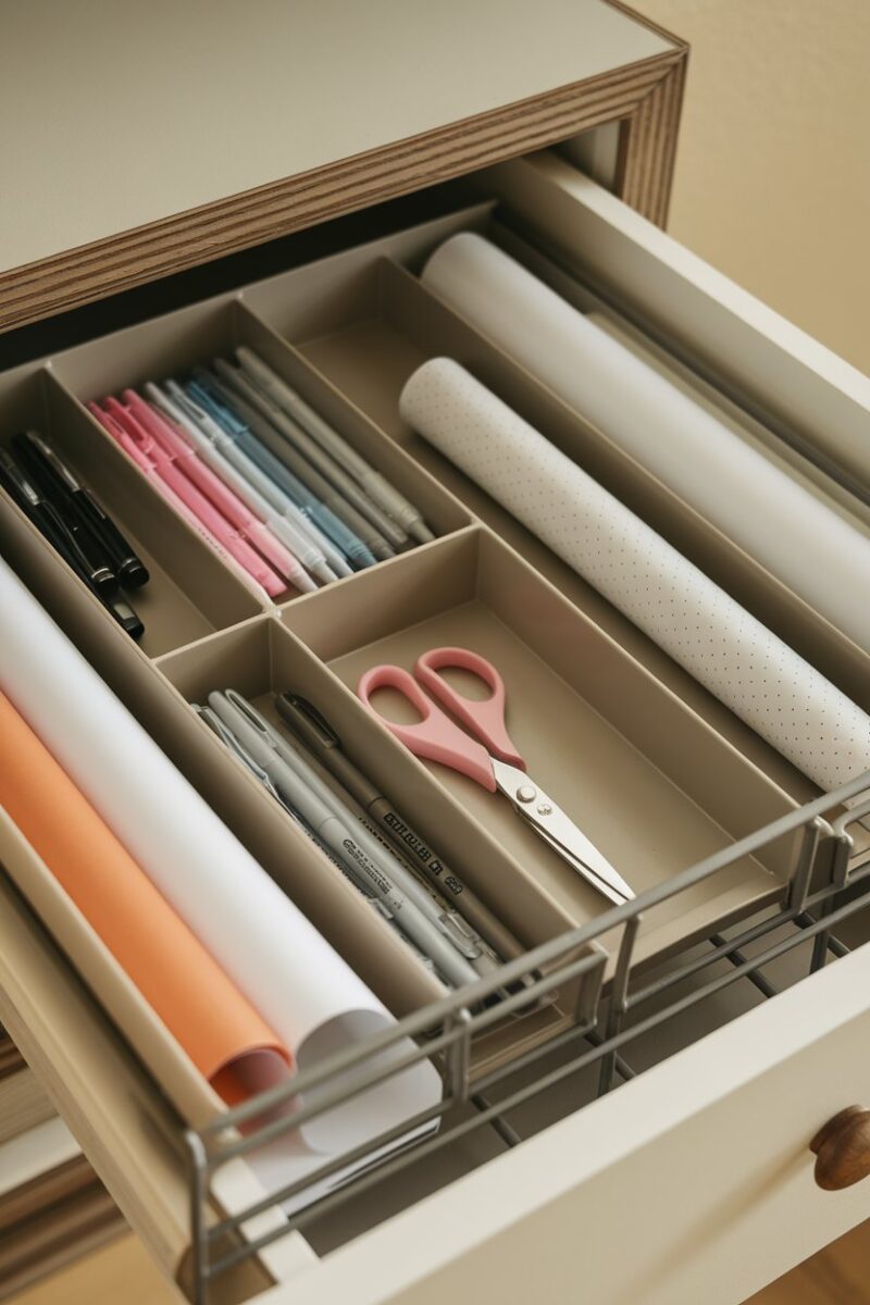 A neatly organized desk drawer with dividers holding pens, scissors, and rolled papers.