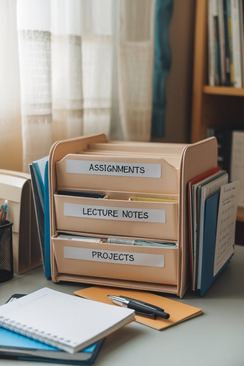 A portable file organizer with labeled sections for projects, lecture notes, and assignments, placed on a desk with stationery.