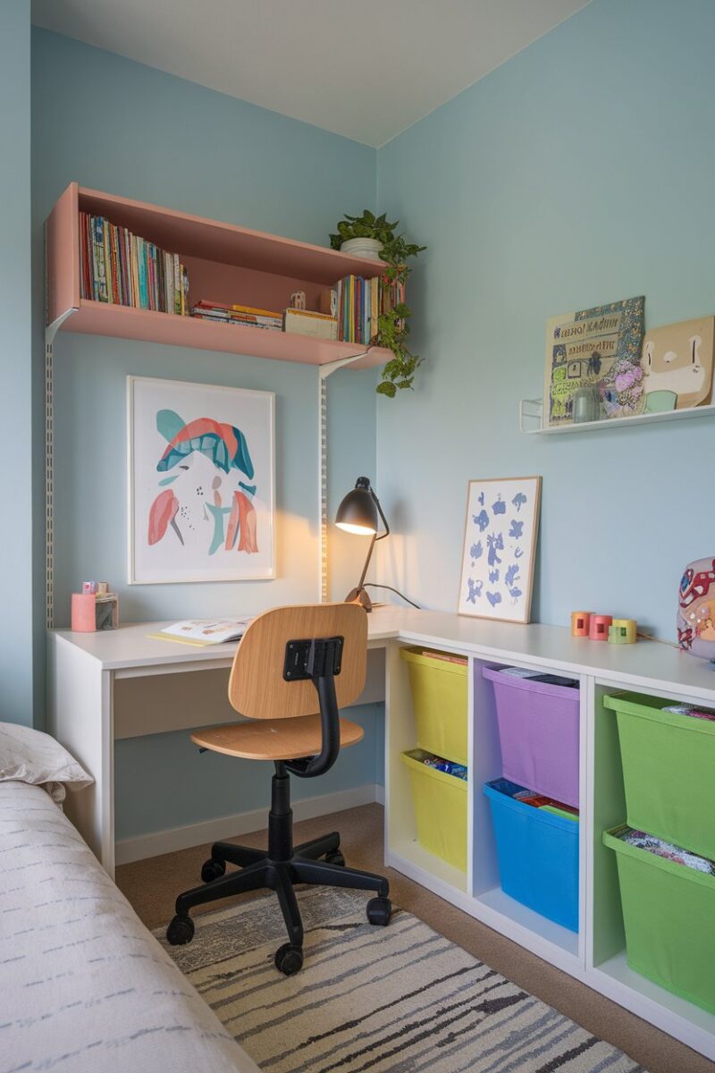 A well-organized small bedroom for kids with colorful storage bins and a study desk.
