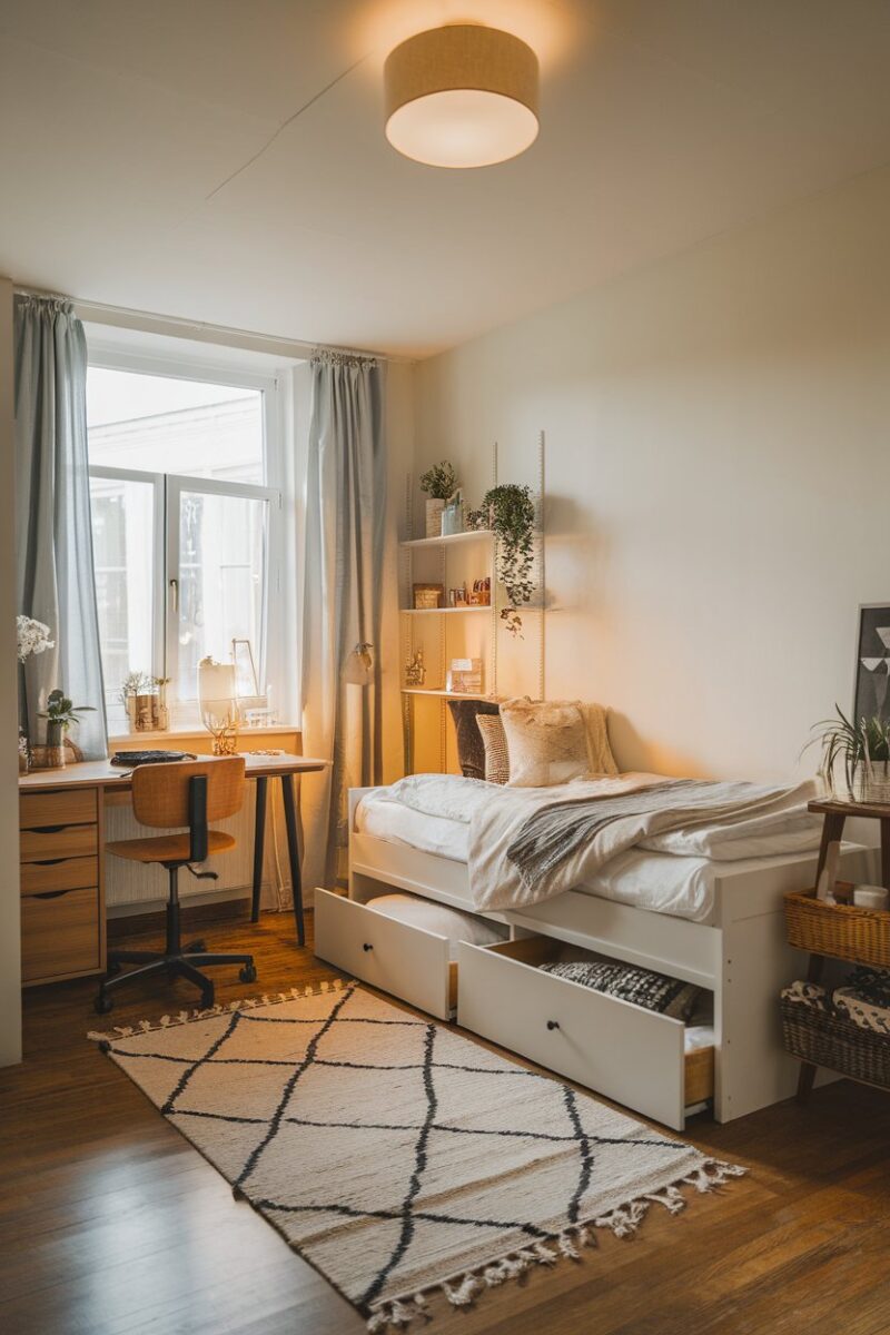 A small bedroom featuring a bed with storage drawers and a desk with a chair.