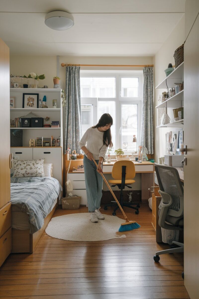 A student sweeping the floor in a cozy bedroom.