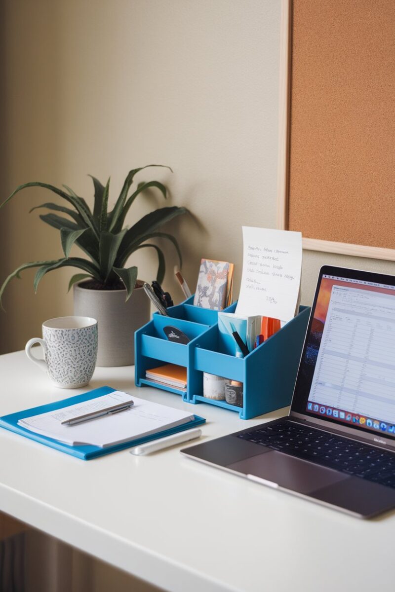 A tidy desk with a blue organizer holding stationery, notes, and a laptop.