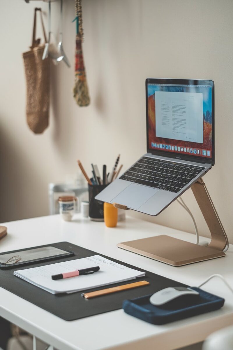 A tidy desk with a laptop on a stand, showing organized cables and stationery.