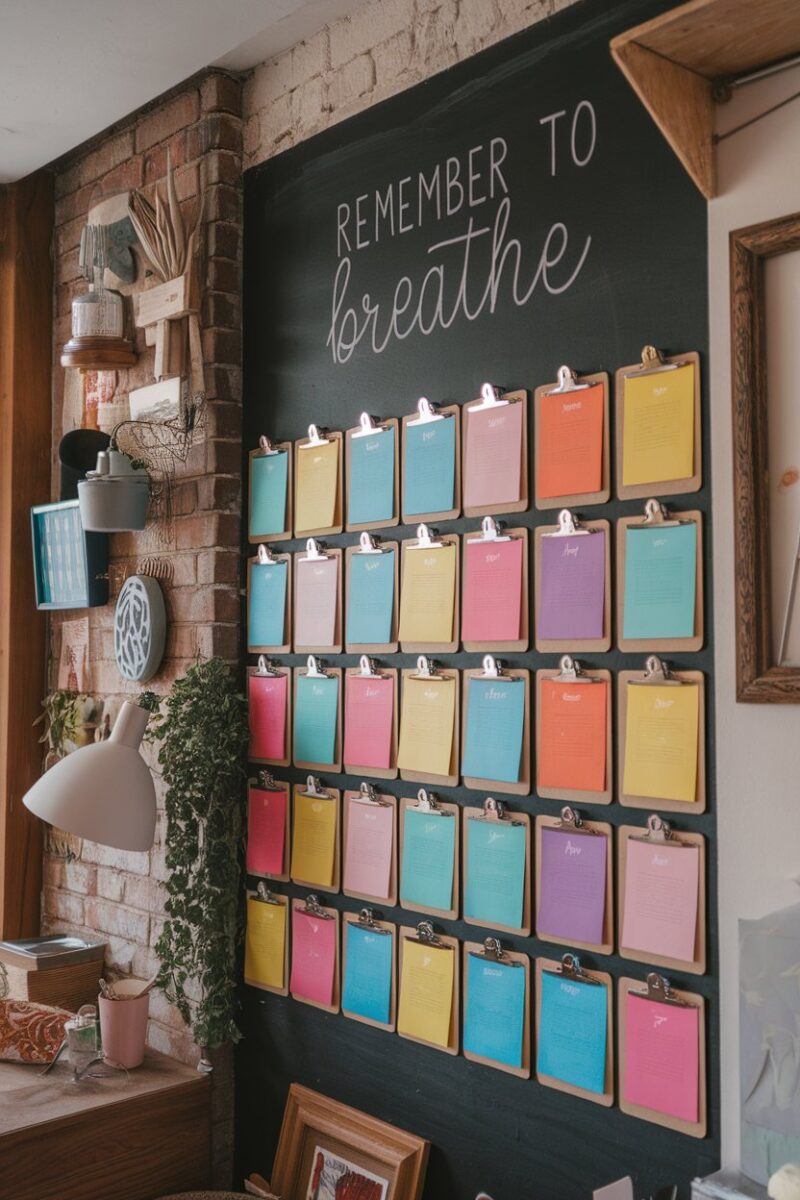 A wall filled with clipboards displaying colorful notes and reminders.