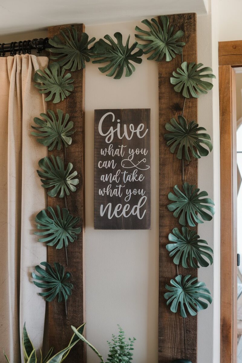 A wall decorated with faux leaves and a quote about giving and taking.