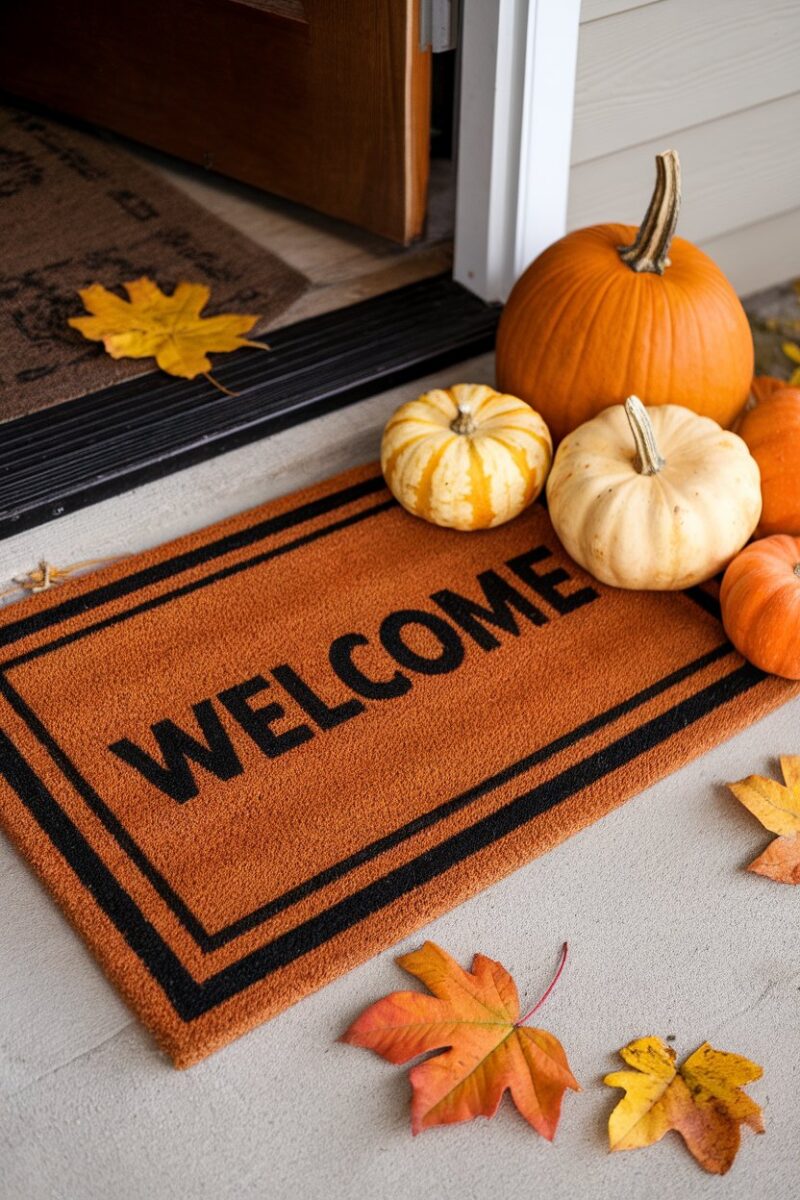 A welcome mat featuring pumpkins at the entrance of a home, surrounded by autumn leaves.