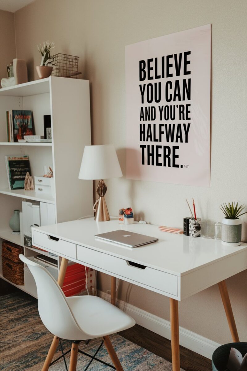 A well-organized study area with a desk, lamp, and motivational poster.
