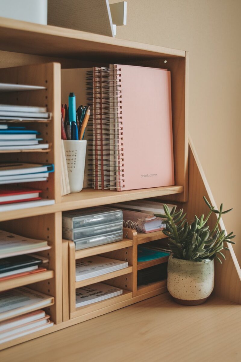 A wooden desk shelf filled with notebooks, stationery, and a small plant, showcasing organized vertical storage.