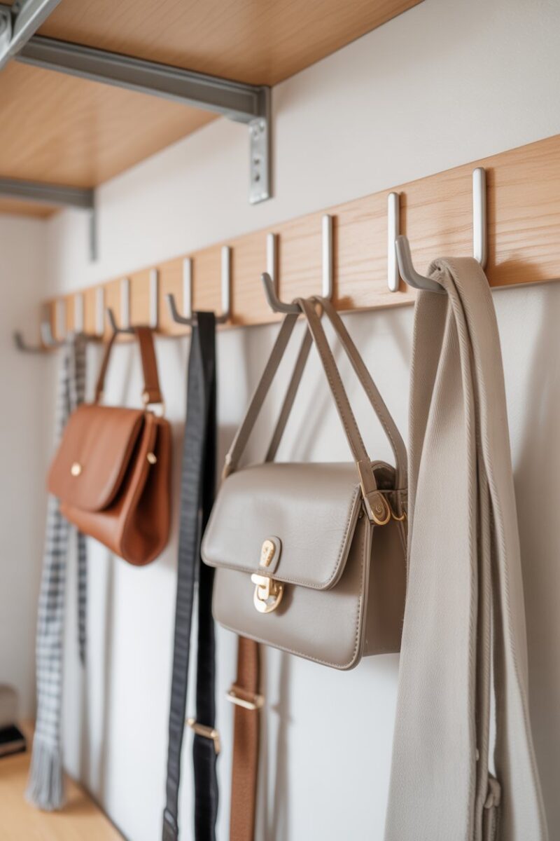 A well-organized dorm closet with hooks displaying scarves, bags, and belts.