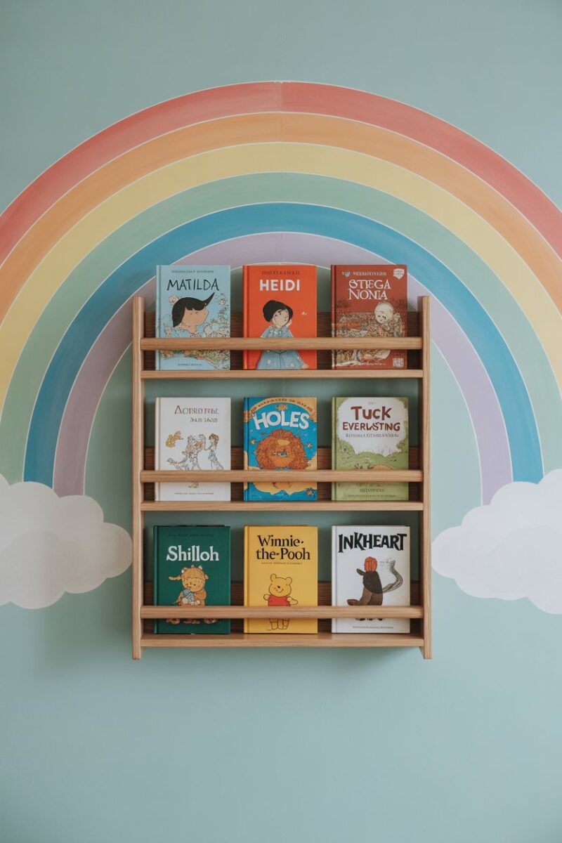 A colorful wall-mounted book display with children's books against a rainbow mural.