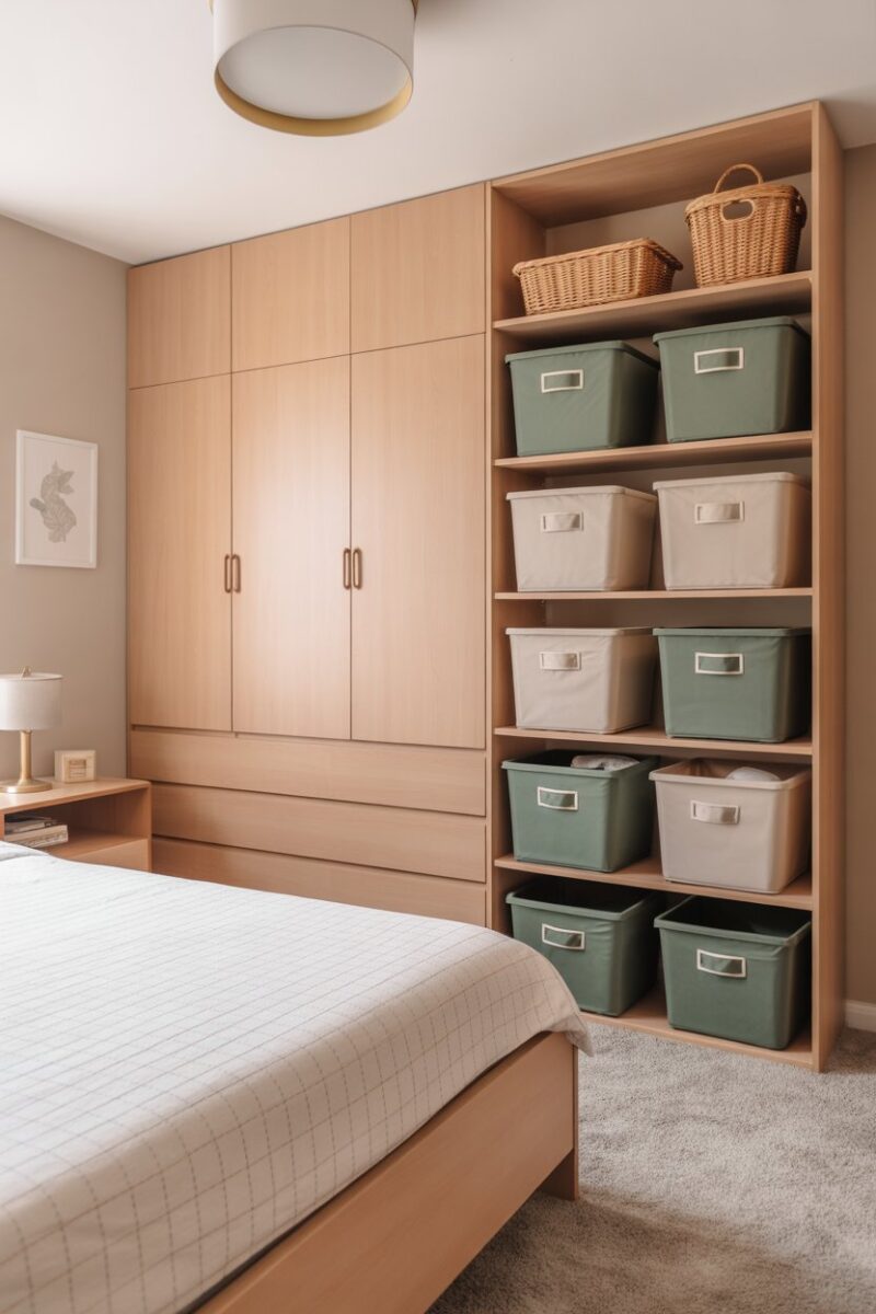 A well-organized bedroom with color-coded storage bins for easy access.