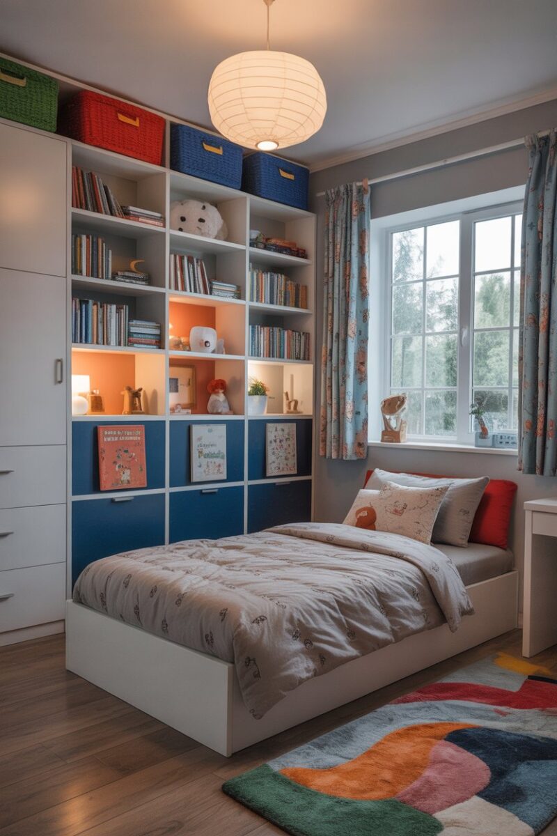 A well-organized children's bedroom with themed zones for reading, playing, and studying.