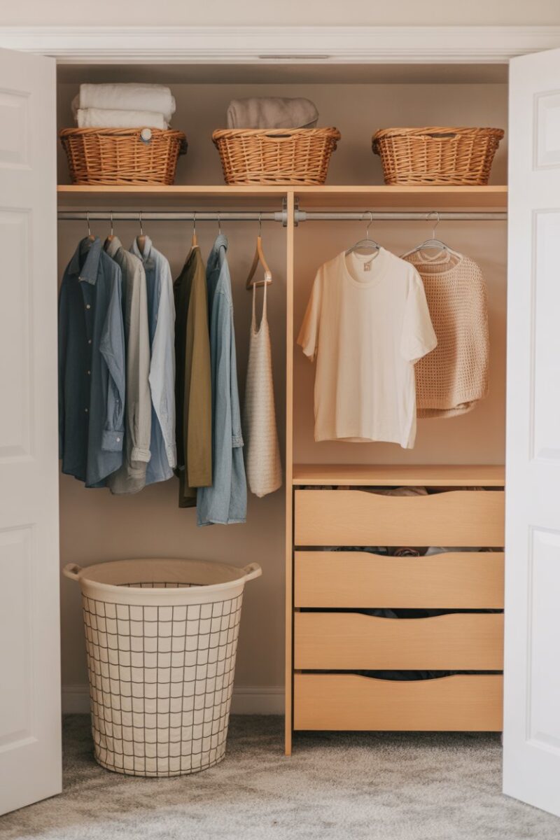 A well-organized dorm closet featuring a laundry hamper and neatly hung clothes.