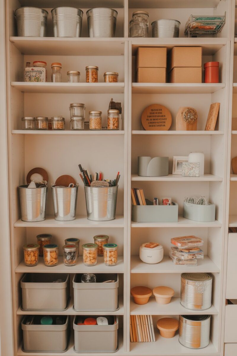 A well-organized dorm closet with various containers and jars for storage.