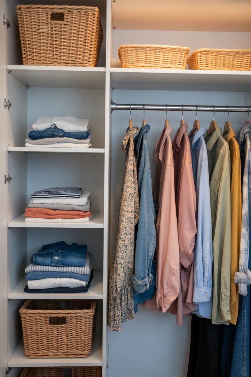 A well-organized dorm closet with folded clothes on the left and hung clothes on the right.