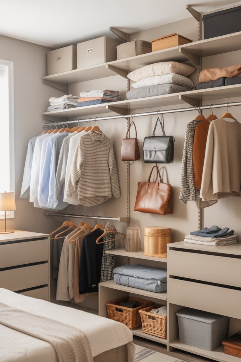 A well-organized dorm closet with shelves and hooks for storage.