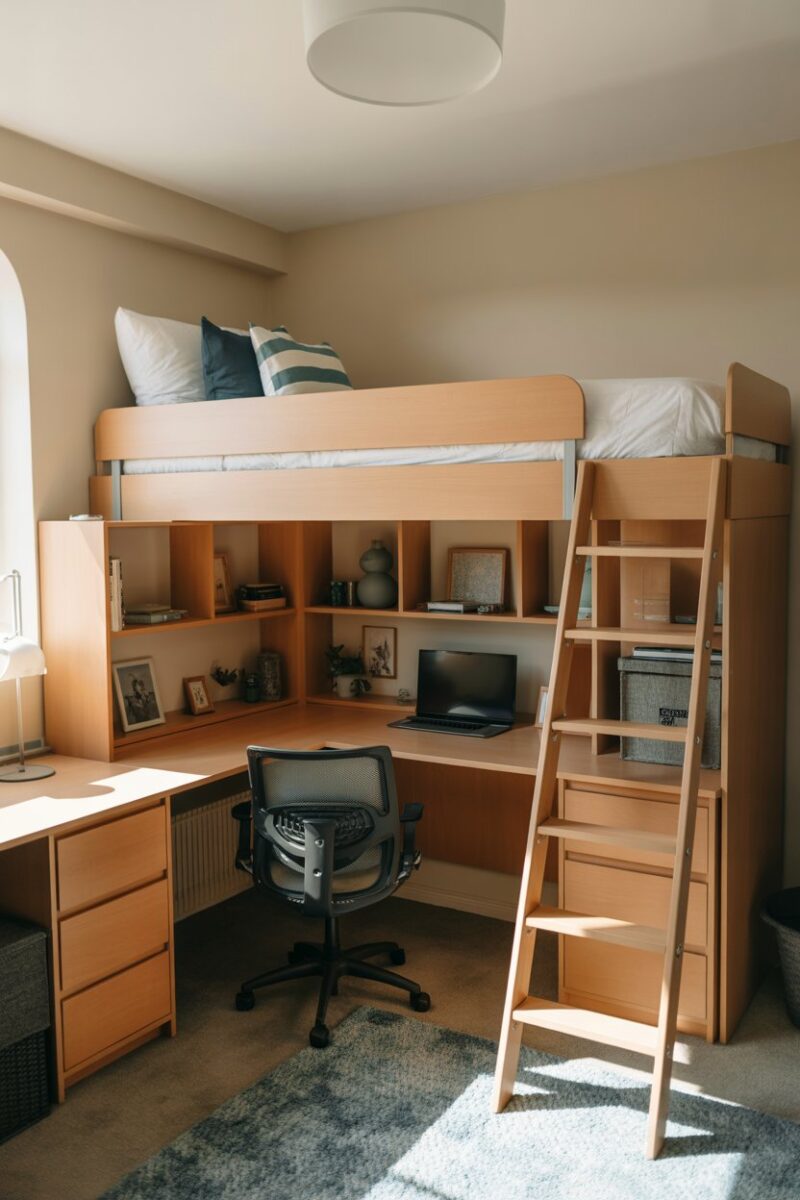 A well-organized dorm room featuring a lofted bed, desk, and storage.