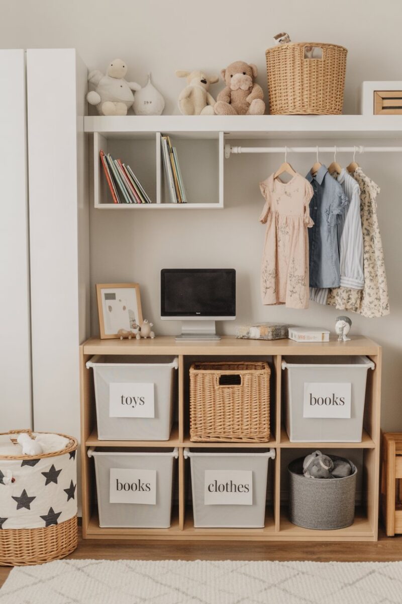 A well-organized kids' room with labeled storage boxes for toys, books, and clothes.