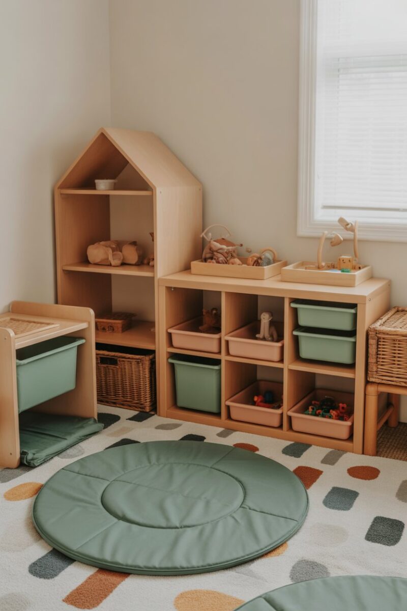 A well-organized play area with soft mats and neatly arranged toys in bins and trays.