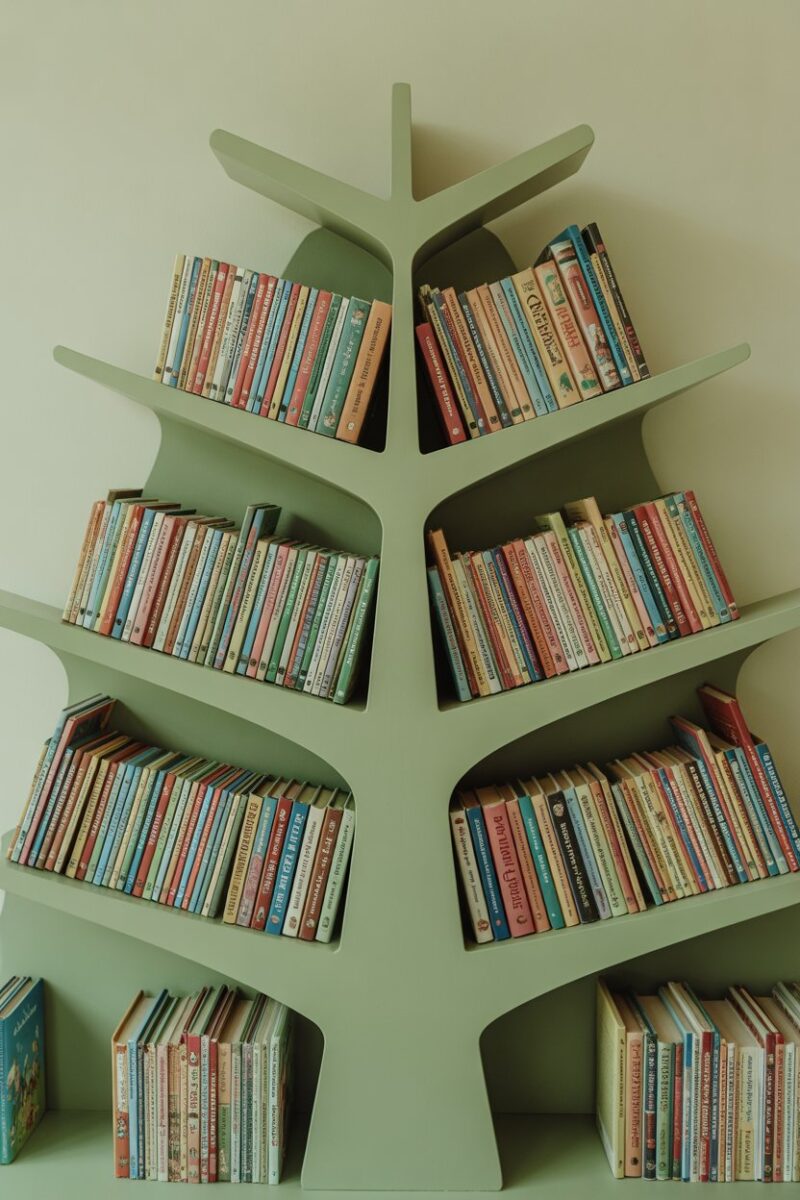 A whimsical tree-shaped bookshelf filled with colorful children's storybooks.