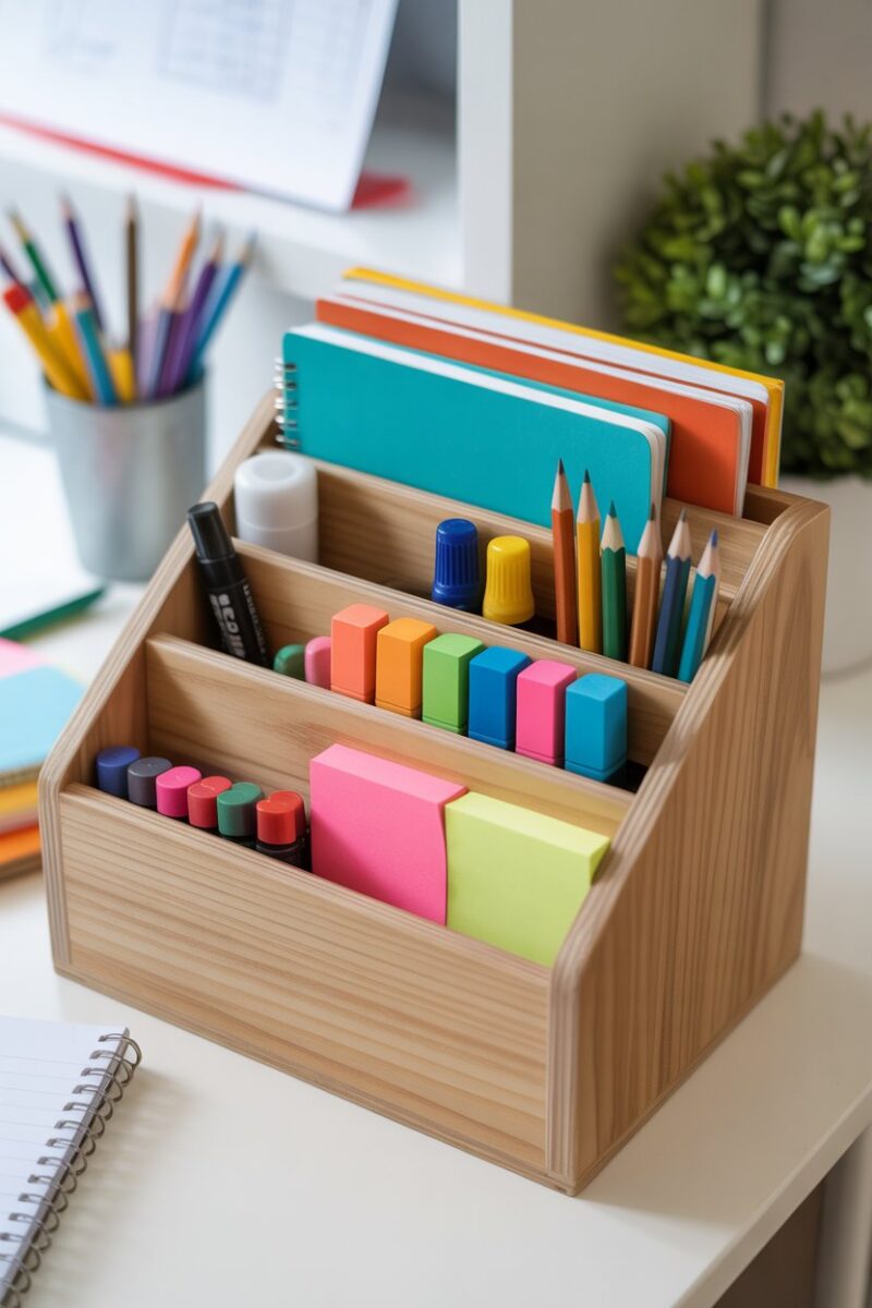 A wooden desk organizer filled with school supplies like pencils, markers, sticky notes, and notebooks.