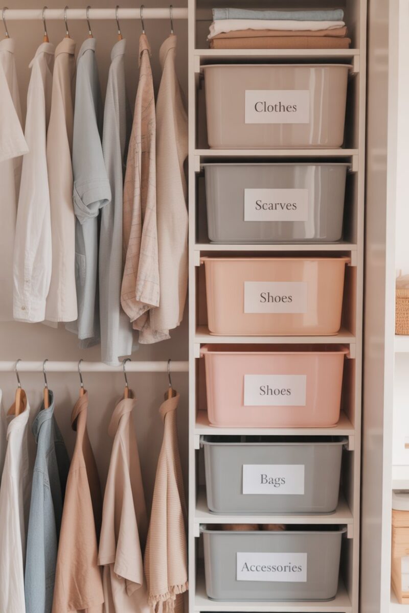 Organized dorm closet with labeled storage bins for clothes, shoes, and accessories.