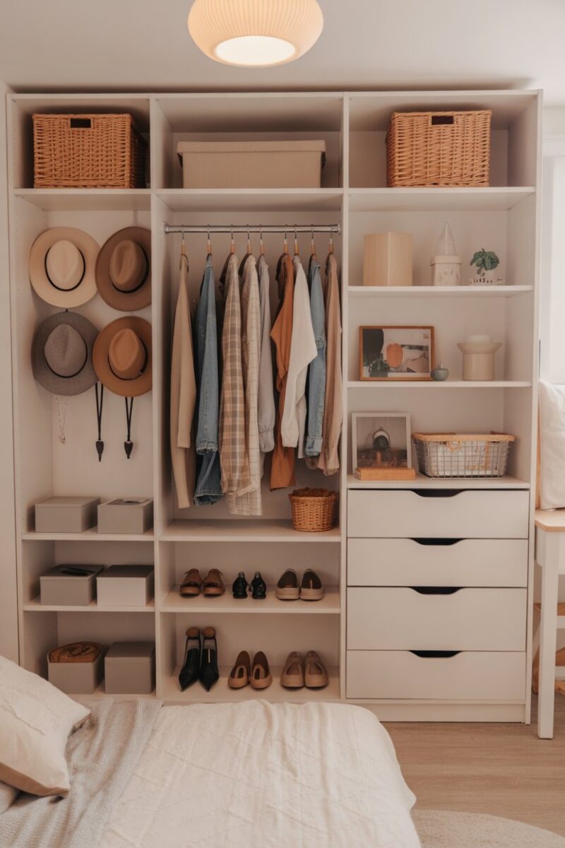 Organized dorm closet with clothes, hats, and accessories.