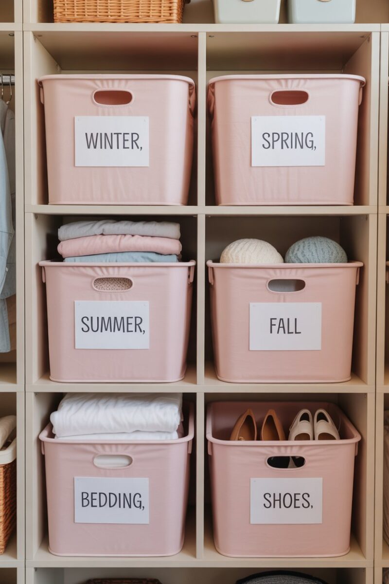 Organized dorm closet with labeled bins for seasonal clothing storage.