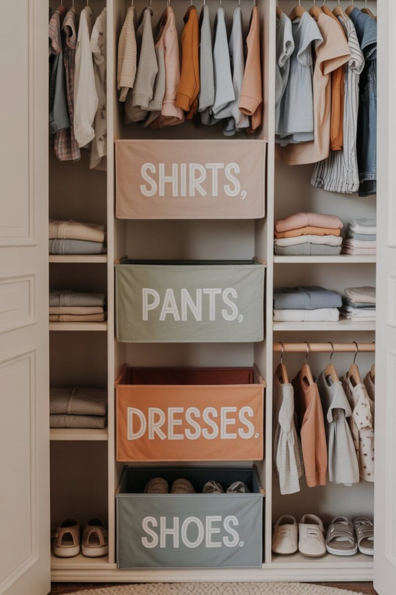 Organized kids closet with personalized dividers for shirts, pants, dresses, and shoes.